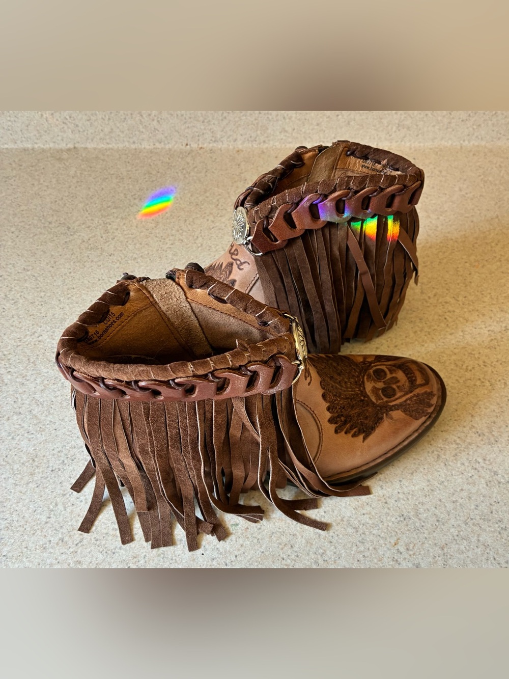 Born Tan Distressed Leather Fringe Ankle Boot with Etched Skull - Picture 4 of 5